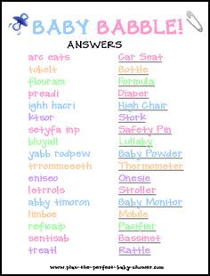 a baby shower game with the words baby babble answers in different colors and font