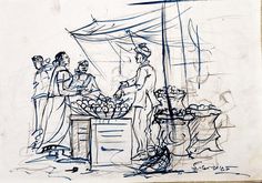 a drawing of people standing around a table with fruit on it and an umbrella in the background