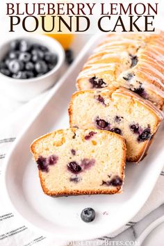 blueberry lemon pound cake on a white plate