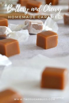 buttery and cheesy homemade caramels with text overlay that reads, buttery and cheemey homemade caramels