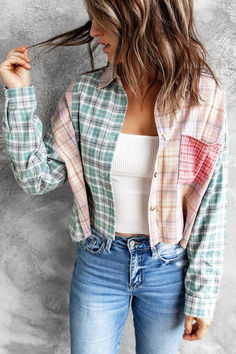 Lapel Top, Button Ups, Color Block Blouse, Womens Flannel Shirt, Short Blouses, Plaid Sleeve, Spring Fashion Casual, Streetwear Fashion Women, Loose Outfit