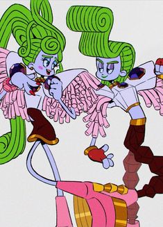 two cartoon characters with green hair and pink clothes, one holding an object in the other's hand