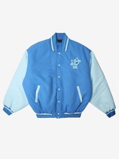 Blue Embroidered Varsity Jacket | Official Apparel & Accessories | Dumbgood™ - Blue's Clues | DUMBGOOD Blue Character Art, Animated Puppy, Plaid Peacoat, Blue's Clues, Blue’s Clues, Peacoat Jacket, Cropped Cardigan Sweater, Blues Clues, Packable Jacket