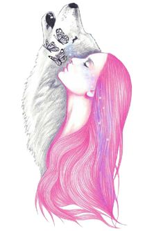 a drawing of a woman with pink hair and a wolf's head