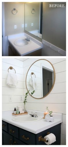 before and after photos of a bathroom remodel with white shiplap walls