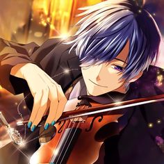 an anime character with blue hair holding a violin