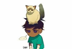 a cat sitting on top of a man's head with the caption san