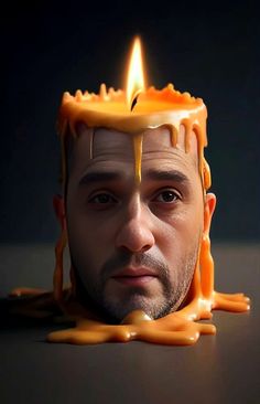 a man with a candle on his head in the shape of a cake that is melting