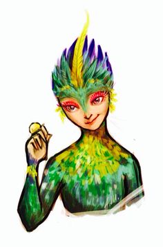 a drawing of a woman with green and yellow hair holding an apple in her hand