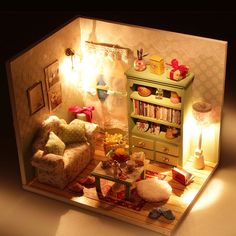 a doll house with furniture and lights in it