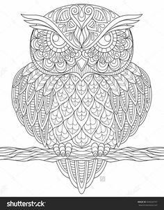 an owl sitting on a tree branch with intricate patterns in the background coloring book page