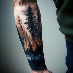 #nature #color #trees #forest #sleeve Unique Tattoo Sketches, Tree Tattoo Forearm, Forest Tattoo, Bicycle Tattoo, Colorful Forest