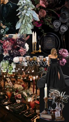 a collage of photos with flowers, candles and other things in it's centerpieces