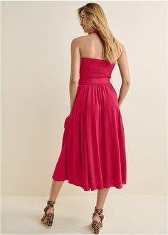 Indulge your inner style seeker with this versatile midi dress! The halter strap can be removed for a strapless look, held in place with smocking at the sweetheart neckline and across the back. Defined by a buckled belt that cinches the waist, this twirly choice boasts oversize pockets you WILL brag about.  * Available in plus sizes   * Halter neck strap is removable  * Belt included  * Deep front pockets  * Smocking at upper bodice and back  * 48" approx. length; varies by size  * Fabric does not have stretch   * Viscose. Imported Chic Bandeau Midi Dress For Brunch, Strapless Midi Dress With Smocked Back For Summer, Strapless Bandeau Dress With Ruched Bodice For Date Night, Strapless Midi Dress With Smocked Bodice, Spring Bandeau Midi Dress With Ruched Detail, Bandeau Dress With Smocked Bodice For Brunch, Strapless Dress With Ruched Bodice For Brunch, Ruched Bandeau Midi Dress For Date Night, Bandeau Midi Dress With Ruched Detail For Date Night