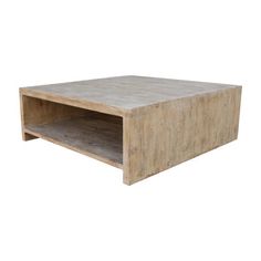 a wooden coffee table with two shelves on each side