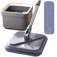 a mop and cleaning supplies on a white background