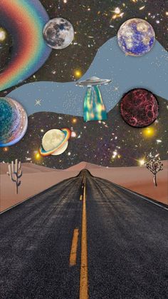 an empty road surrounded by planets and stars