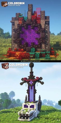 two different views of the same building in minecraft, one is purple and one is green