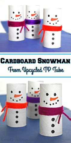 snowman made out of toilet paper rolls with the words cardboard snowman from upcycled tp tube