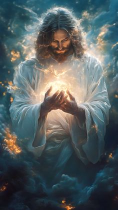 jesus in the clouds holding his hands together with bright light coming from behind him,