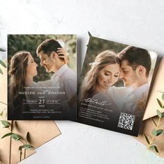 two wedding cards on top of envelopes with greenery around them and the same photo