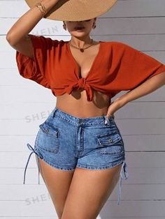 SHEIN SXY Women's Plus Size Drawstring Folded Hem Pockets Denim Shorts With Pleats | SHEIN USA Fashion Online Shop, Online Fashion, All Fashion, Men's Clothing, Denim Shorts, Latest Trends, Style Inspiration, Plus Size, Mens Outfits