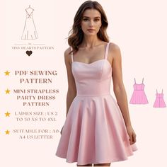 Mini Strapless Party Dress Pattern,Women Dress Sewing Pattern,Prom Dress Pattern,Evening Dress Pattern,Cocktail Dress A0 A4 US Letter-US 2 to 30 | XS-4XL Woven Fabric, Natural Waist Seam, Mini Length, 3/4 Circle, Princess Top With Straps, Scoop Neck, Round Neck Bodice, Sarafan with Straps, Back Straight Seam with No Back Vent and No Zipper, Sleeveless, Straps 7/8"(2cm), Neckline Facing. Seam allowance included (1cm) Mini Strapless Party Dress Sewing Pattern, available as an instant download (pdf Pattern Prom Dress, Party Dress Pattern, Linen Dress Pattern, Diy Clothes Patterns, Prom Dress Pattern, Party Dress Patterns, Cocktail Dress Patterns, Short A Line Dress