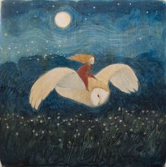 a painting of a bird flying in the night sky with a person on it's back