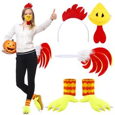 a woman in white shirt and black pants holding a pumpkin, chicken headbands and gloves