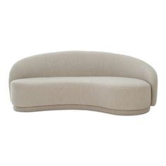 the curved couch is made out of fabric and has a rounded back, with an oval shape