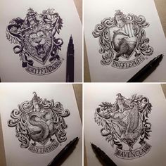 four different images of harry potter crests