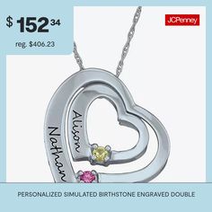 Metal: Silver, 10K white gold, 10K yellow gold, 14K white gold, 14K yellow goldStones: Simulated gemstonesClosure: Spring-ringDimensions: 18" cable chainPendant Size: 16.8x17.2mmPersonalization: Select 2 birthstones, with 2 engravings of up to 8 characters eachCare: Wipe CleanCountry of Origin: Imported Choose two birthstones. Use the letter key below to represent the months. Selection must be made using capitalized letters: A=JanuaryB=FebruaryC=MarchD=AprilE=MayF=JuneG=JulyH=AugustI=SeptemberJ… Necklace White, Double Heart, Heart Pendant Necklace, Heart Pendant, Birthstone, Size 16, Yellow Gold, White Gold, Pendant Necklace