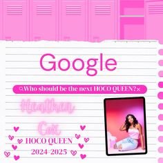 a pink poster with the words google and a photo of a woman in front of lockers