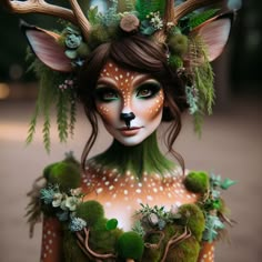 Fantasy Creature Costume, Garden Fairy Makeup Ideas, Woodland Fairy Makeup Ideas, Deer Character Design, Deer Face Paint, Elven Makeup, Scary Fairy, Deer Makeup, Christmas Face Painting