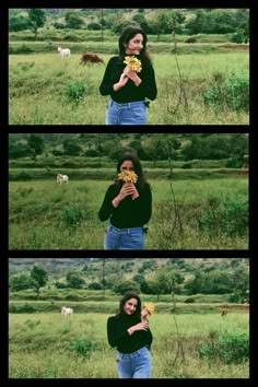 a woman standing in a field eating food