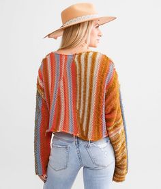 Willow & Root Frayed Open Weave Cropped Sweater - Orange/Brown/Blue Small, Women's Coralmulti Striped sweater Bust measures 44 on size small Body length 18 on size small. 100% Polyester. Hand wash cold. Do not bleach. Lay flat to dry. Cool iron if needed.. Measurements: Bust -Fullest part of bust with arms at sides. Waist -Circumference of natural waist: above belly button below rib cage. Hips -Standing with feet together fullest part of hips. WOMEN'S TOP SIZE CONVERSION CHART Size US/CAN BUST W Sweater For Women, Waist Circumference, Conversion Chart, Women's Sweaters, Open Weave, Rib Cage, Striped Sweater, Orange Brown, Belly Button