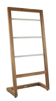 a wooden display rack with four shelves on each side and two metal bars at the top