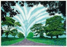 an artistic painting of trees and a road