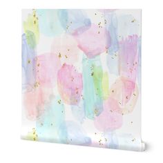 an abstract painting with pink, blue and gold paint strokes on white paper art print