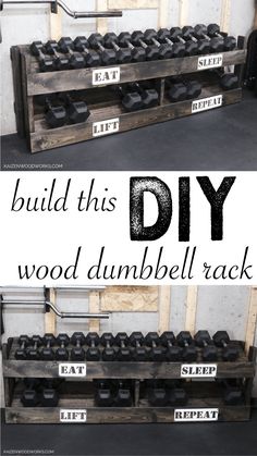 the diy wood dumbbell rack is made from old pallets and used for storage