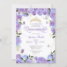 a purple and white wedding card with roses on the front, butterflies in the background