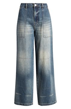 These baggy, high-waist jeans are designed with edgy rips, stitching detail and dramatic wide legs. 31" inseam; 22" leg opening; 13 1/2" front rise; 17" back rise (size 29) Zip fly with button closure 70% cotton, 30% Tencel® lyocell Tencel lyocell is a more-sustainably produced fiber made with closed-loop processing Machine wash, tumble dry Five-pocket style Imported Wide-leg Cropped Denim Jeans With Pockets, Edgy Wide Leg Flare Jeans With Relaxed Fit, Baggy Wide Leg Cargo Jeans In Faded Color, Baggy Faded Wide Leg Cargo Jeans, Faded Baggy Wide Leg Cargo Jeans, Faded Baggy Wide-leg Cargo Jeans, Wide Leg Washed Cropped Jeans For Fall, Wide-leg Washed Cropped Jeans For Fall, Edgy Baggy Wide Leg Jeans