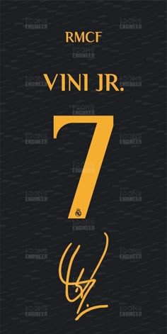 a black and yellow poster with the number seven on it's back side, in gold