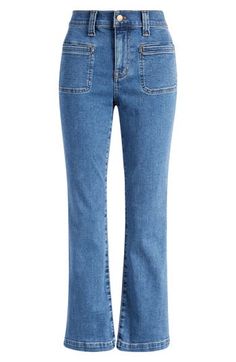 An evolution of the brand's fan-fave fit, these mid-rise cropped jeans have angled front welt pockets and kicked-out flares with leg-elongating center seams. 26 1/2" inseam; 18" leg opening; 10 1/2" front rise; 15" back rise (size 29) Zip fly with button closure Front welt pockets; back patch pockets 98% cotton, 2% elastane Machine wash, tumble dry Imported Trendy Mid-rise Flare Jeans With Patch Pockets, Spring Flared Cropped Jeans With Pockets, Mid-rise Flare Jeans With Patch Pockets In Medium Wash, Flared Cropped Jeans With Pockets, Crop Jeans, Back Patch, Welt Pockets, Cropped Jeans, Welt Pocket