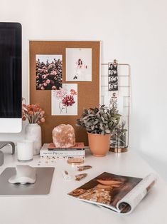 a white desk topped with plants and pictures