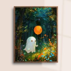 an elephant is in the middle of a forest with an orange balloon