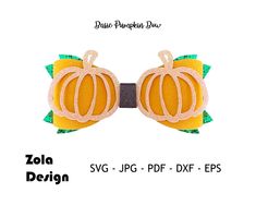 a pair of pumpkins with green leaves and bows on it's headband