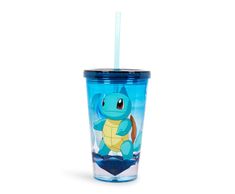 a blue tumbler cup with a cartoon character on it