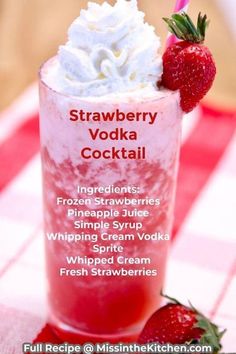 strawberry vodka cocktail with whipped cream and strawberries