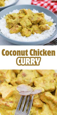 coconut chicken curry with white rice on a plate and in the background, there is a fork